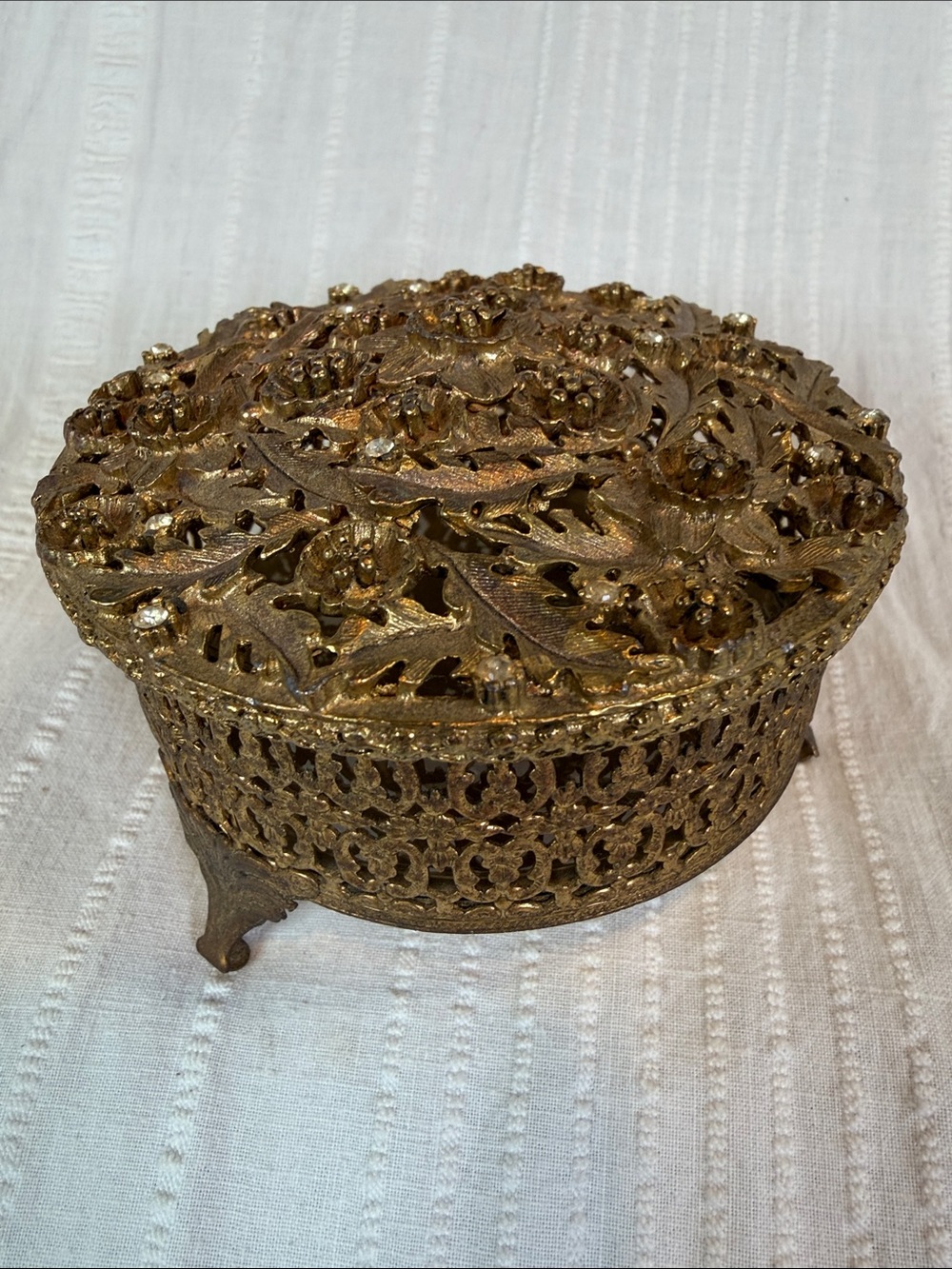 Vintage 24 KT Gold Plated Filigree Ornate Footed Trinket Box Rhinestones Lid